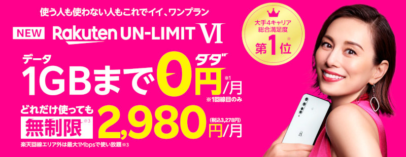 RAKUTEN UN-LIMIT VI データ1GBまで0円タダ／無制限2,980円