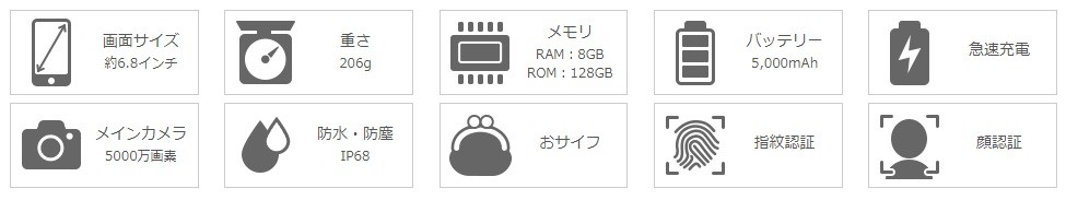画面サイズ 約6.8インチ 重さ 206g メモリ RAM：8GB ROM：128GB バッテリー 5,000mAh 急速充電 メインカメラ 5000万画素 防水・防塵 IP68 おサイフ 指紋認証 顔認証