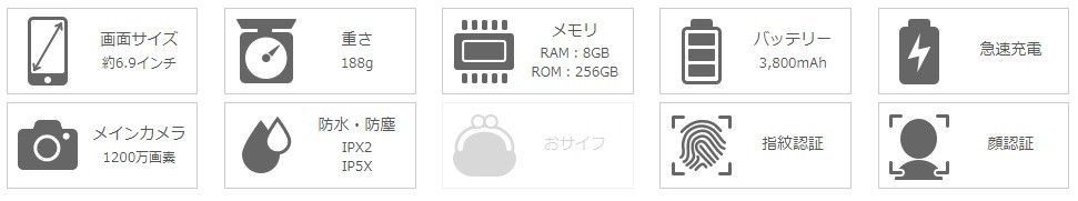 画面サイズ 約6.9インチ 重さ 188g メモリ RAM：8GB ROM：256GB バッテリー 3,800mAh 急速充電 メインカメラ 1200万画素 防水・防塵 IPX2 IP5X おサイフなし 指紋認証 顔認証